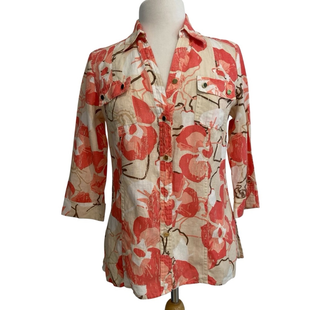2/40$ JM Collection petite button down shirt white & tangerine blouse 100% linen